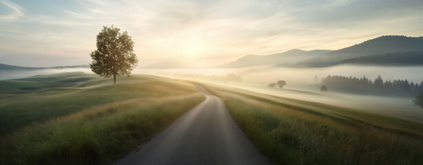 Fototapeta premium Misty Hills on a Serene Morning Drive