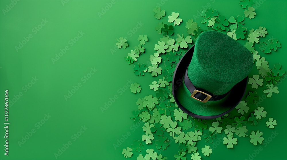 Wall mural patrick day banner green background with clover leaves and leprechaun hat copy space