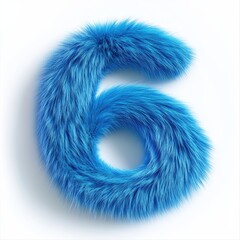 3D number 6 with blue fur texture realistic modern design, soft lighting, white background.