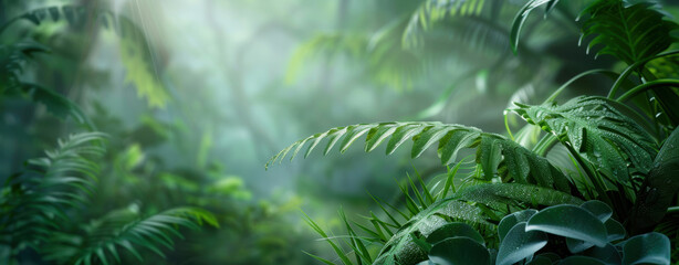 Lush Green Ferns Thriving in a Misty Rainforest