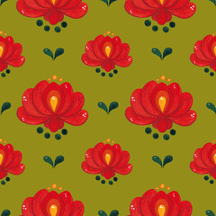 Seamless pattern of red flowers in folk style on a green background. Hand drawn watercolor illustration. Drawing for textiles, paper. Flowers, folk, boho, scrapbooking