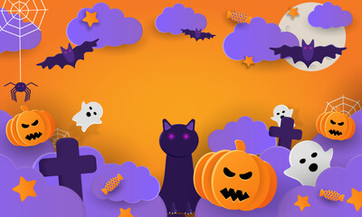 Obraz premium Happy Halloween party posters set with night clouds and pumpkins in paper cut style. Vector illustration. Full moon, witch cauldron, spiders web and flying bat. Place for text. Brochure background