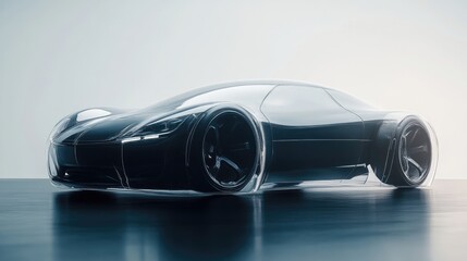 A sleek car model covered by a transparent shield, representing vehicle insurance. The background is a minimalist desk setup