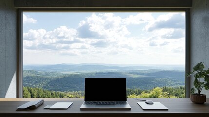 Fototapeta premium A sleek laptop on a minimalist desk with a wireless keyboard and a notepad, overlooking a large window with a distant view of nature