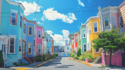 Naklejka premium A vibrant street lined with colorful row houses, a summery scene.
