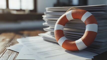 A symbolic life preserver ring placed next to a document stack, representing life and health insurance coverage