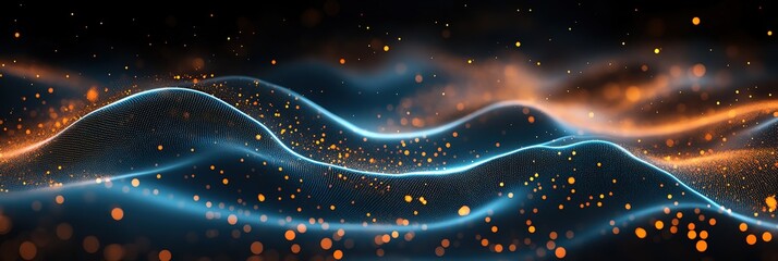 Digital background with glowing blue and orange dots on a dark wave, in a technology futuristic concept. abstract data flow, Panoramic Background