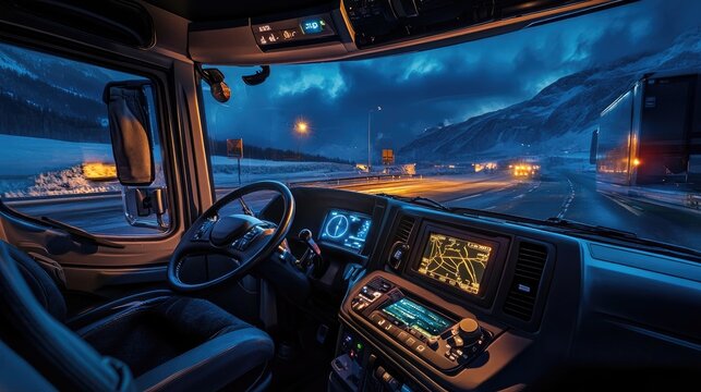 A truck cabin interior at night, with dashboard lights glowing and a GPS unit guiding the route