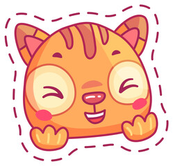 A joyful cartoon cat character with large round eyes and a cheerful smile features a bright orange color and simple bubbly design elements that convey playfulness.