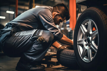 Mechanic inspecting a car tire in a garage workshop