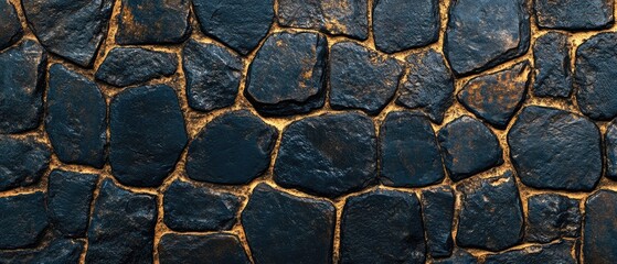 Ultrawie Texture Of Golden Stone Wall With Black Rocks