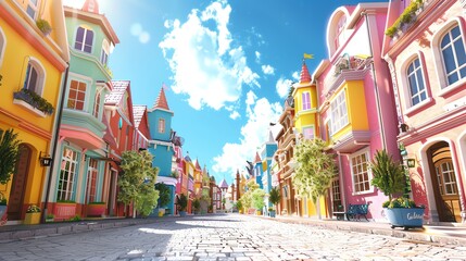 Obraz premium A street lined with colorful, whimsical buildings on a sunny day.