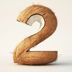 3D number 2 with coconut texture realistic modern design, soft lighting, white background.