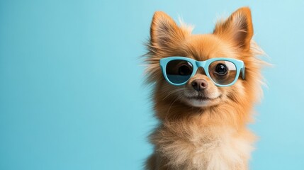 Obraz premium Cute fluffy dog with sunglasses looking at the camera against a blue background