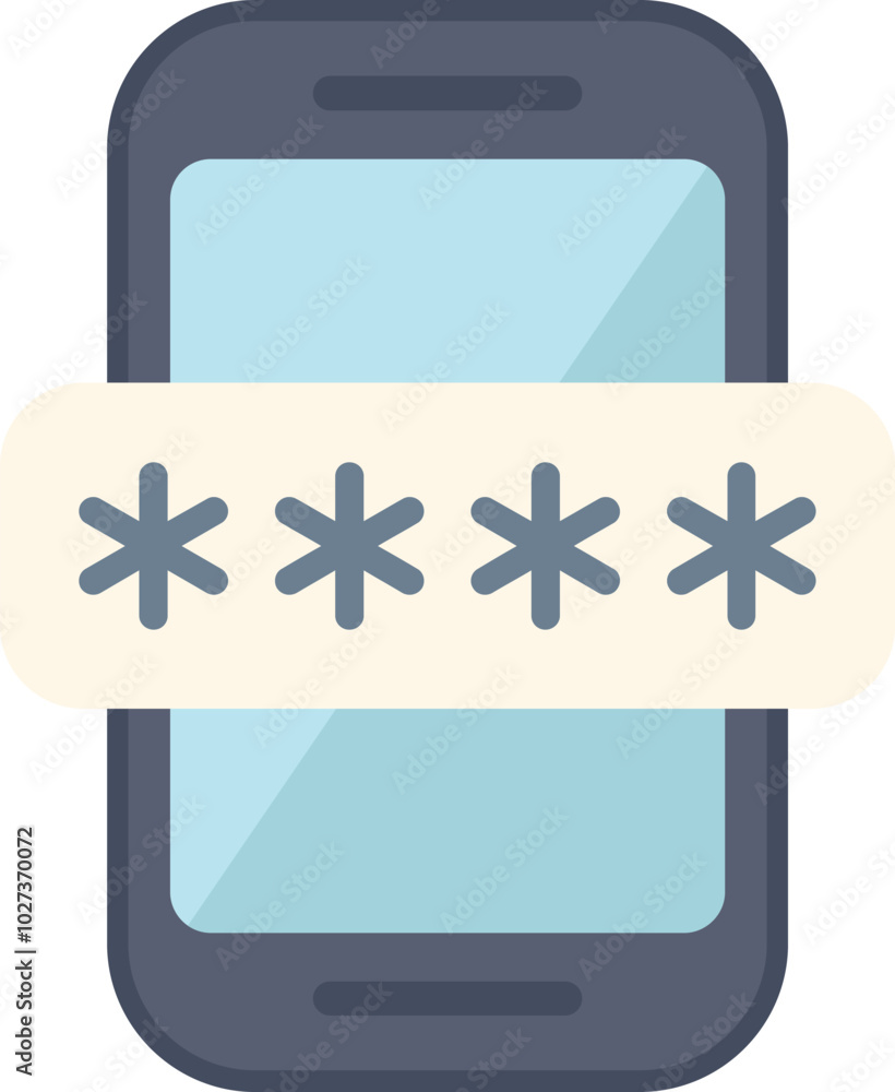 Poster smartphone is showing password protected screen with asterisks for cyber security, data protection a