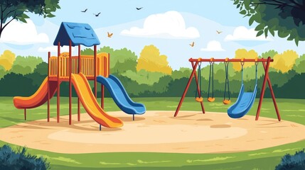 Illustrated playground slide and swings