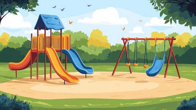Illustrated playground slide and swings