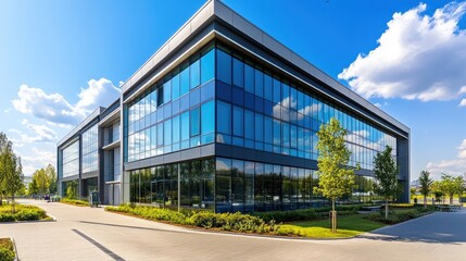 Modern office building exterior with sleek lines and reflective windows.