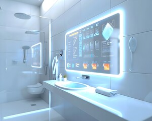 Futuristic Smart Bathroom with Digital Wellness Mirror and Intelligent Skincare Recommendations