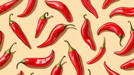 Red chili peppers arranged in a seamless pattern on a beige background