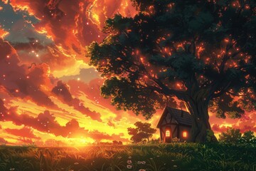 A Cozy Cottage Beneath a Glowing Tree at Sunset