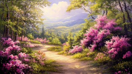 A Winding Path Through a Springtime Forest with Pink Blossoms and Distant Mountains