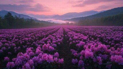 Fototapeta premium A Field of Pink Flowers at Sunrise with Mountains in the Distance