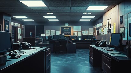 The interior of a police station, with computers, radios, and paperwork neatly placed on the desks