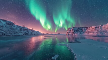 The Northern Lights dancing over a frozen lake, medium reminiscent of Babak Tafreshi, lighting: natural aurora glow, colors: ethereal greens and purples, composition