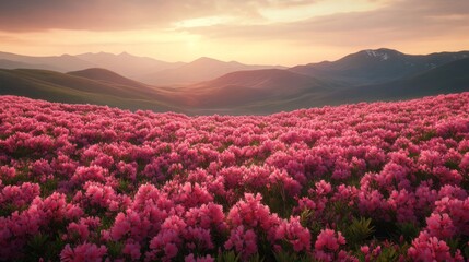 Pink Wildflowers Bloom in a Mountain Valley at Sunset