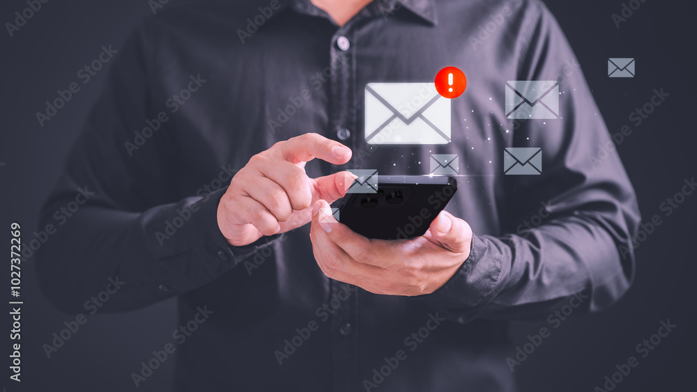 Poster person using a smartphone receives a new email notification, highlighting the email and internet com