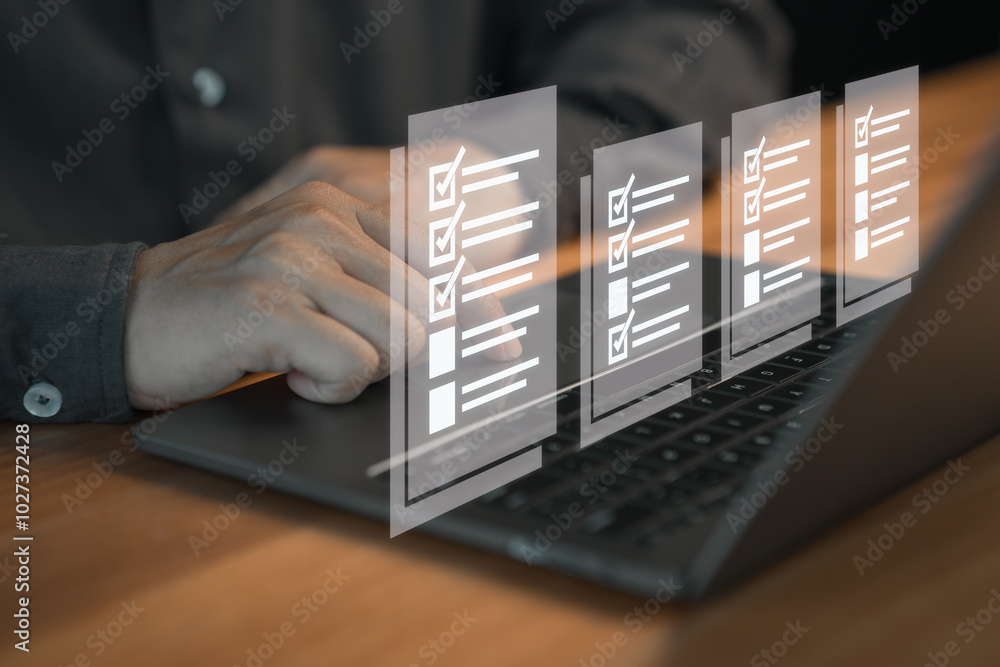 Poster Person using a laptop, interacting with digital checklist displayed as floating icons on the screen. Concept represents task management, productivity, and digital organization in a modern workplace.