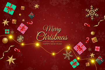 Christmas holiday greeting card with gift boxes, golden snowflakes, and lights