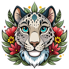 leopard face  with flowers , cartoon leopard , snow leopard vector art