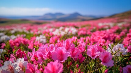 Fototapeta premium Pink and White Azalea Flowers Blooming in a Field with Mountain Background