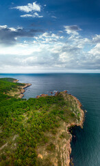 Obraz premium Aerial view over a small bay with a wild beach, located in the forest, Paraskeva Bay, Bulgaria