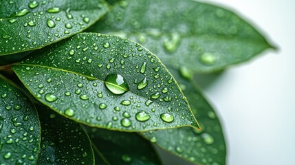 Raindrops rest on vibrant green leaves, showcasing a fresh and rejuvenating atmosphere