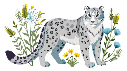 snow leopard with flowers, snow leopard illustration vector, leopard vector art isolated on white