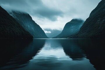 Calm waters mirror towering mountains and overcast skies, creating a serene and mystical atmosphere in the fjord