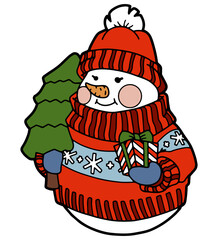 Hand drawn snowman. Isolated on white. Children's drawing. Vector illustration.