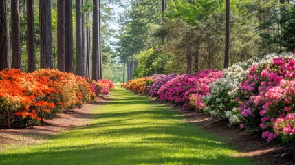 Fototapeta premium A Sunlit Path Through a Garden of Colorful Azaleas and Tall Pine Trees