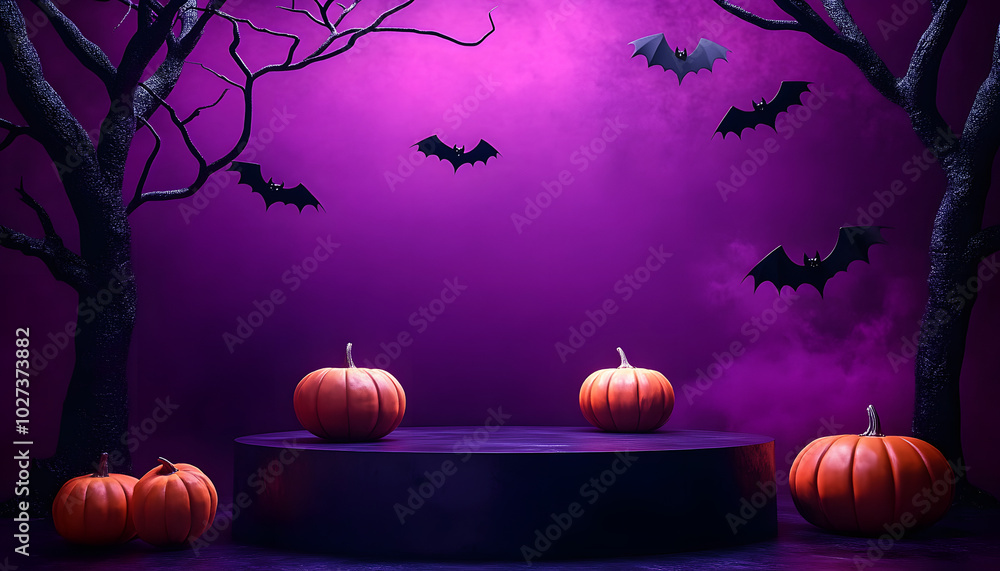 Aufkleber dark podium structure against a vibrant purple background with bats tree branches with halloween sev