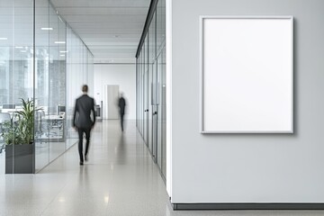 A business professional walks through a sleek office corridor with a blank frame hanging on the wall, showcasing a minimalist design