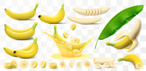 Set of bananas isolated on transparent background. Whole and half a banana, pieces and sliced. Peeled banana and banana in a splash of juice. A leaf of a banana tree. Realistic 3d vector illustration.