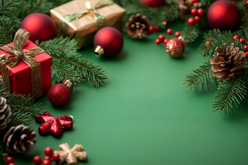 frame for Christmas banner on a green background. Christmas branches, decorations, gifts, decorated gifts, candies, canes, gingerbread. There is free space for text in the center