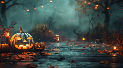 Naklejka premium Halloween background wallpaper concept with empty space and Jack O Lantern pumpkin. Spooky, scary, dark Halloween landscape at night with bats. Happy Halloween!
