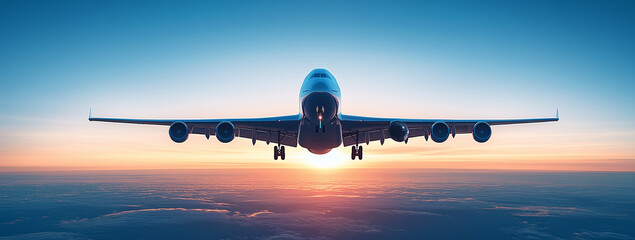 large passenger airplane flying in the sky at sunset, with copy space on one side of it. The plane is centered and viewed from below,