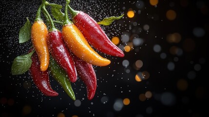 Colorful chili peppers are illuminated, their surfaces sparkling with water droplets
