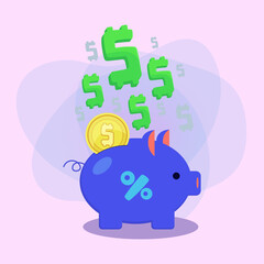 Piggy bank and gold coin vector illustration. Green dollar signs on abstract background. Savings, income increase, finance, promotion concept. Can be used for poster or banner design