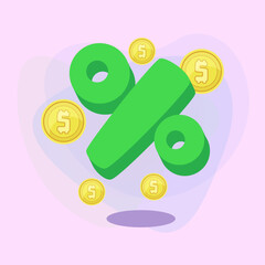 Huge percent mark vector illustration. Gold coins with dollar sign on abstract background. Sale, discount, finance, income concept. Can be used for poster or banner design